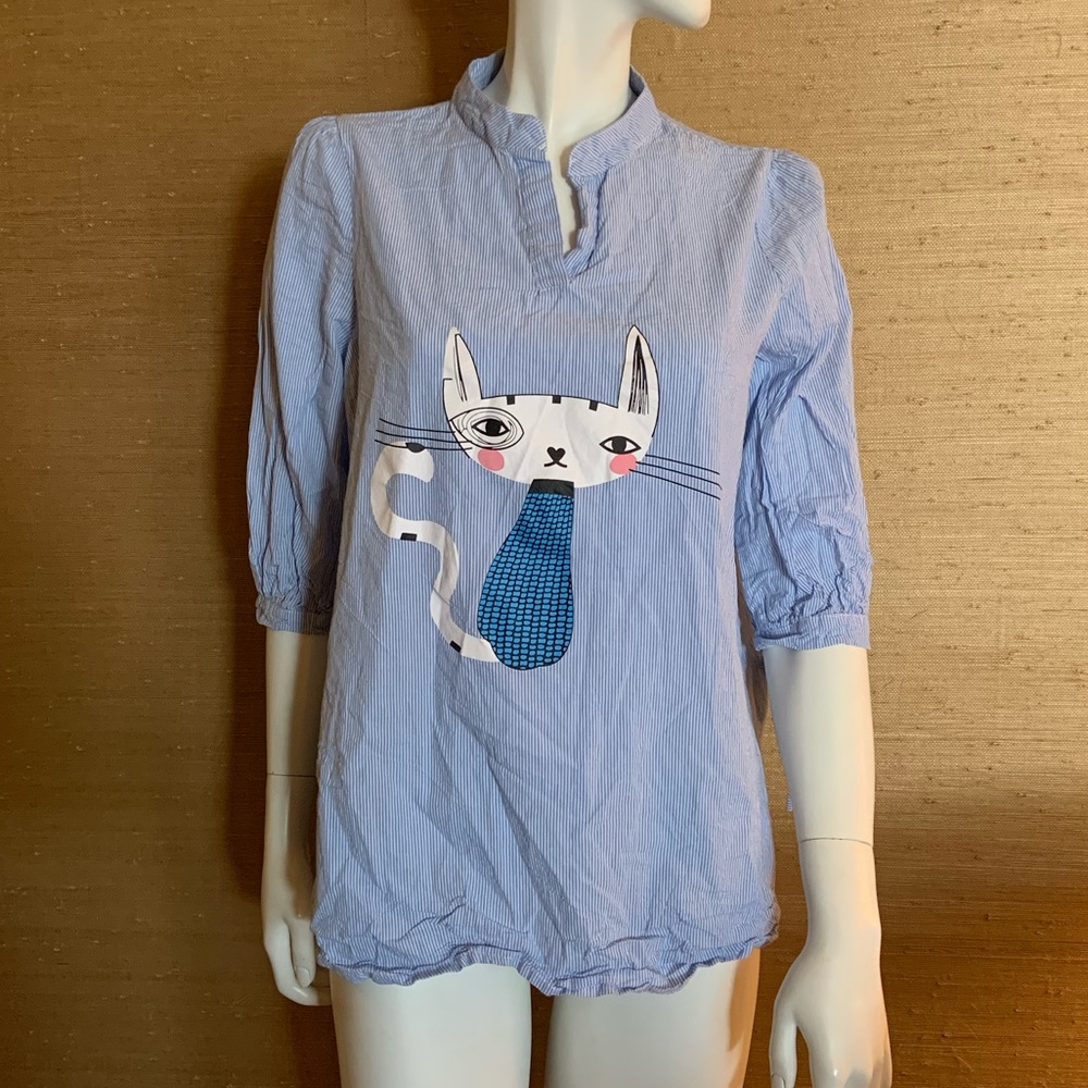 Cat pinstripe elbow sleeve blouse retro